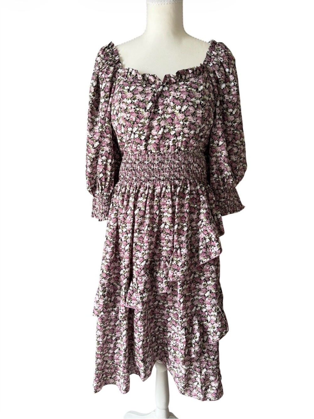 NWT Ivy City Co Purple Floral Smocked Tiered Ruffle Midi Dress Size Small